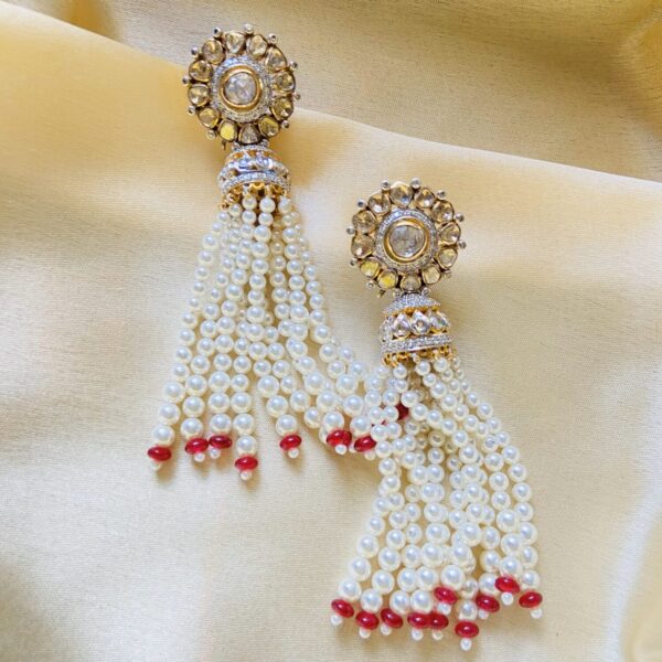 18K Polki Studs with Pearl Tassel