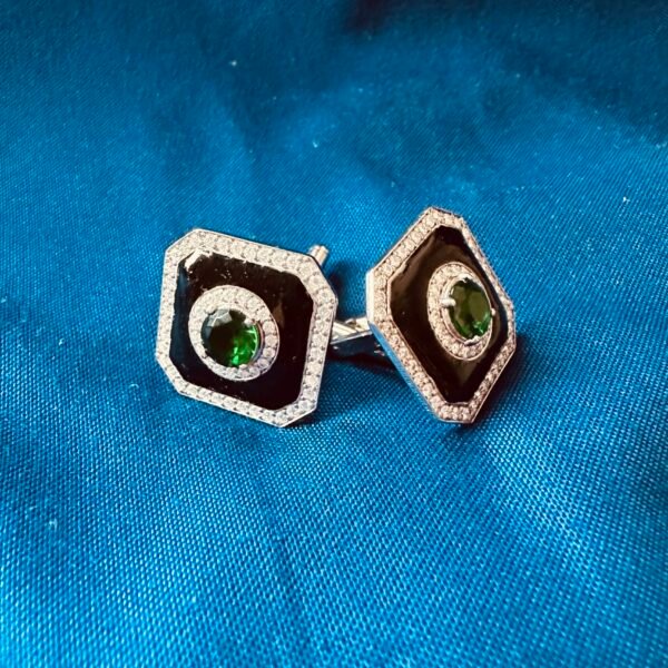 Silver Emerald and Black Enamel Cufflinks