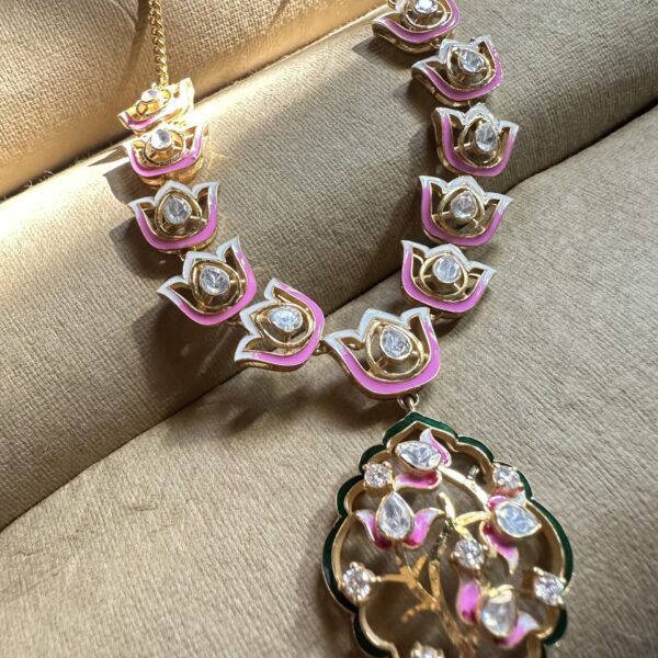 Silver Lotus and Pink Enamelling Necklace