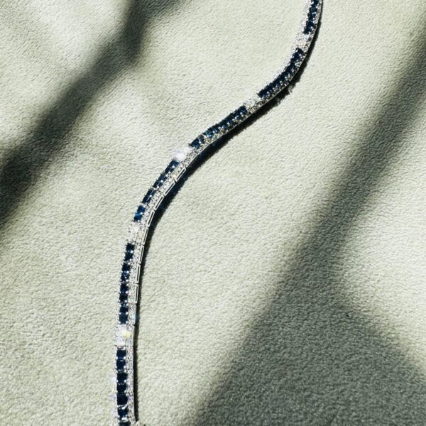 925 Silver Square Cut Blue Sapphire and Pave Diamond Eternity Bracelet