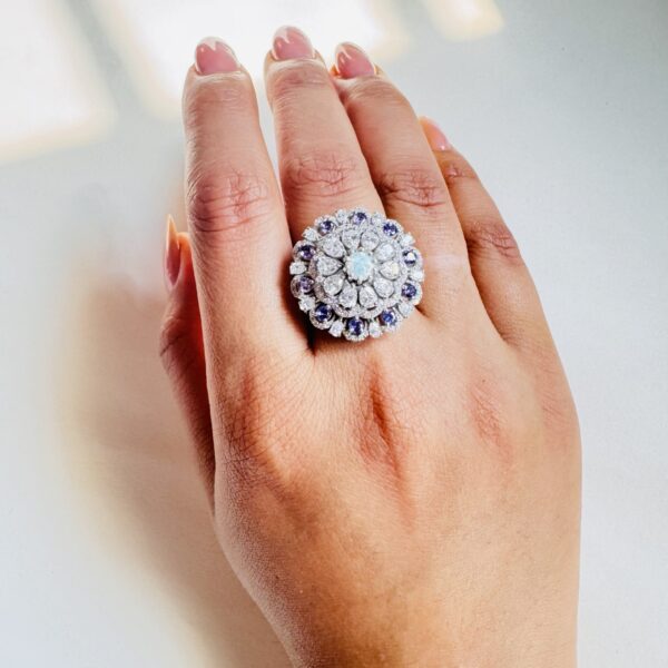 14K Solid White Gold Opal and Amethyst Cocktail Ring