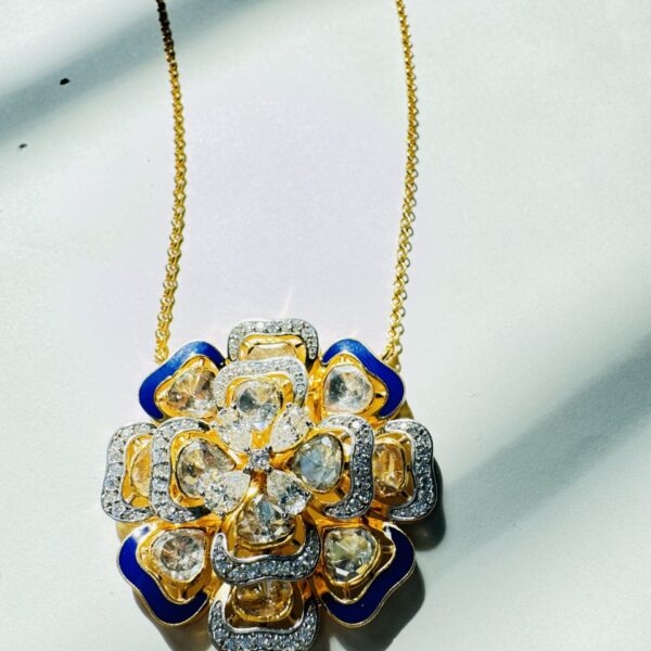 Polki Diamond & Blue Enamel Floral Pendant Necklace