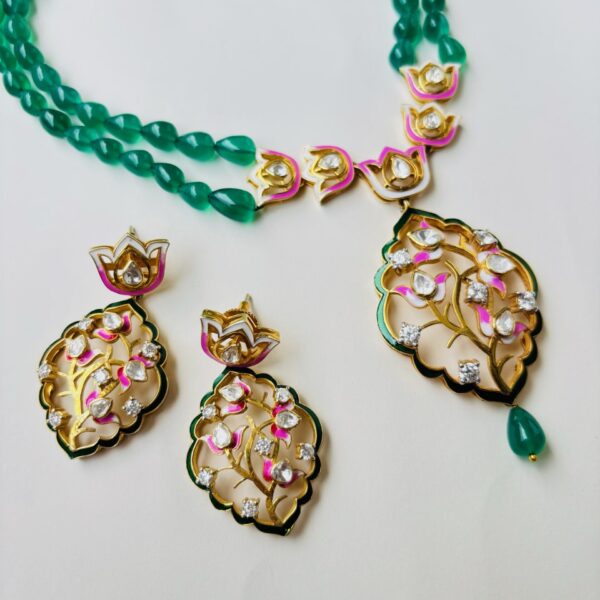 Lotus Pink & Green Enamel Necklace