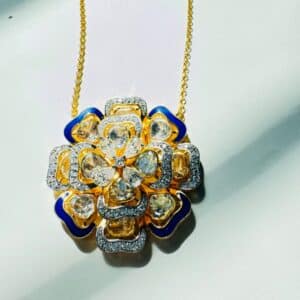 Blue Enamel Polki Diamond Floral Pendant