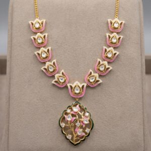silver lotus and pink enamelling necklace