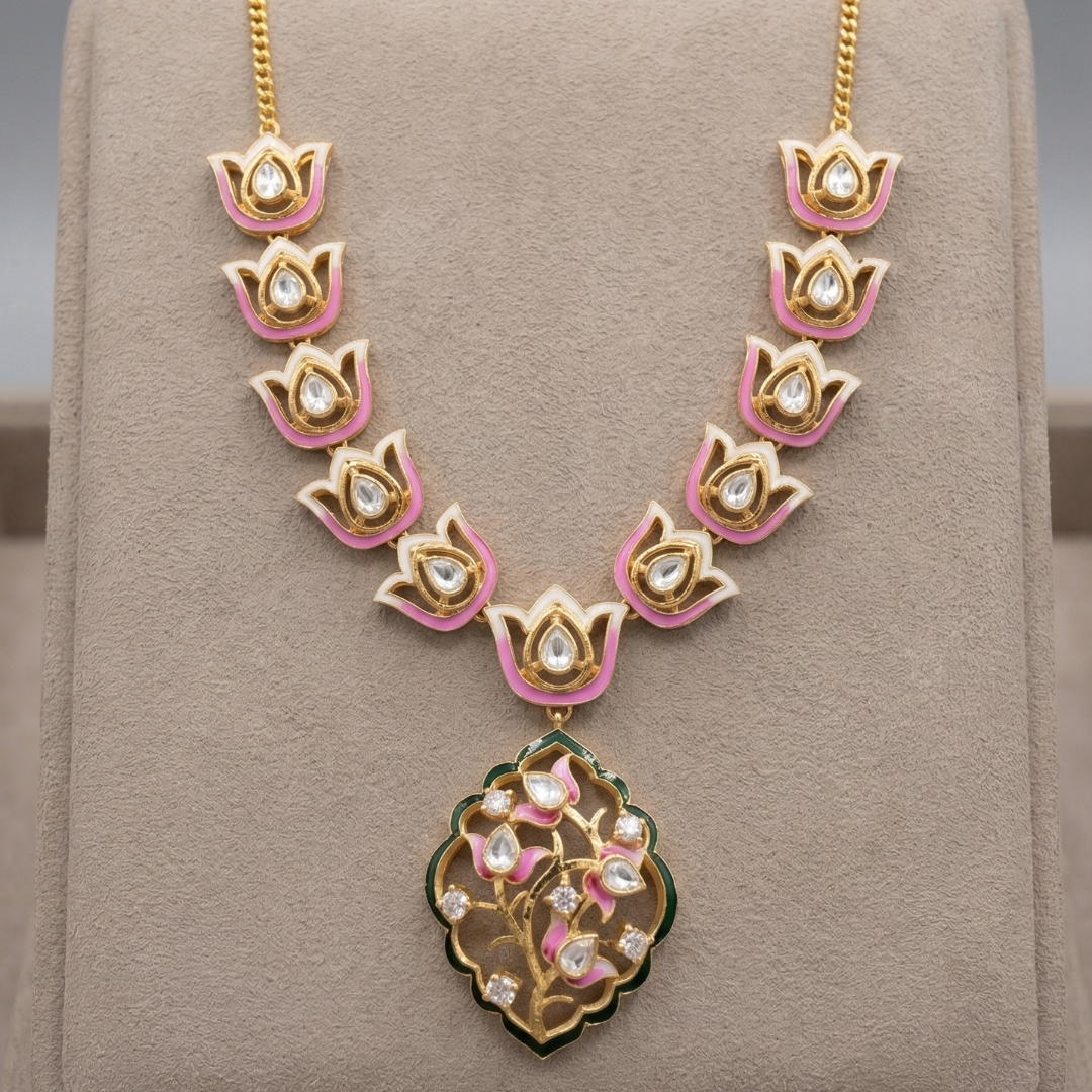 Home silver lotus and pink enamelling necklace